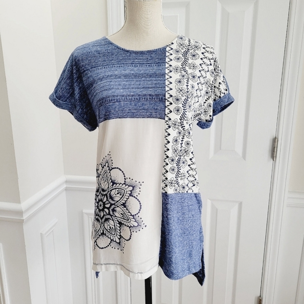 Desigual Sara Patchwork Printed Tunic‎ Blouse Top Blue White Size S